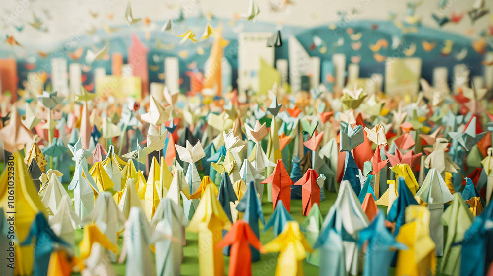 Obraz premium Large Crowd of Diverse People in Origami Form Inside a Town