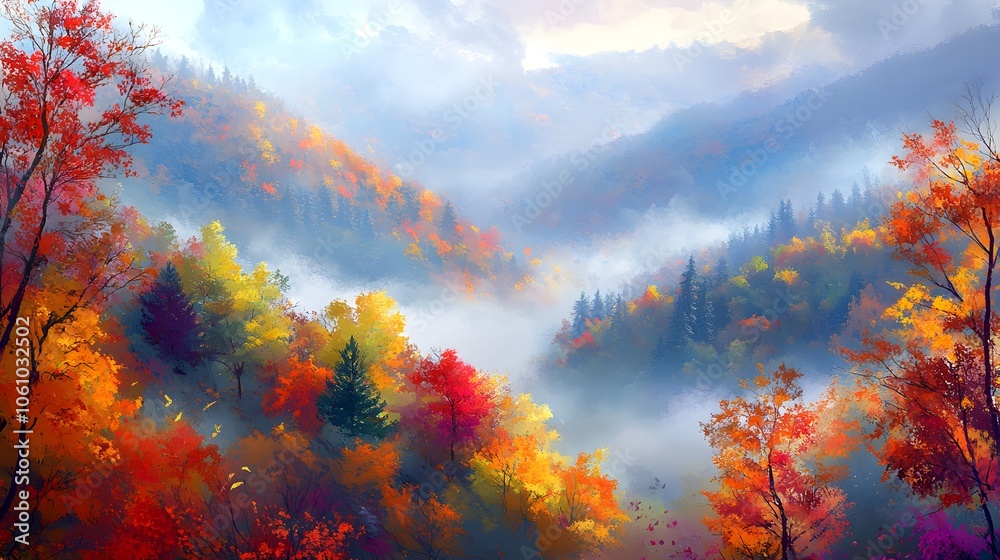 Autumn landscape hills with colorful trees fog Autumn landscape hills with colorful trees fog
