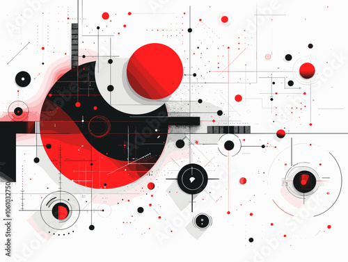 Colorful abstract painting with red and black circles and squares. The painting is full of energy and movement, with the red and black colors creating a sense of tension and excitement