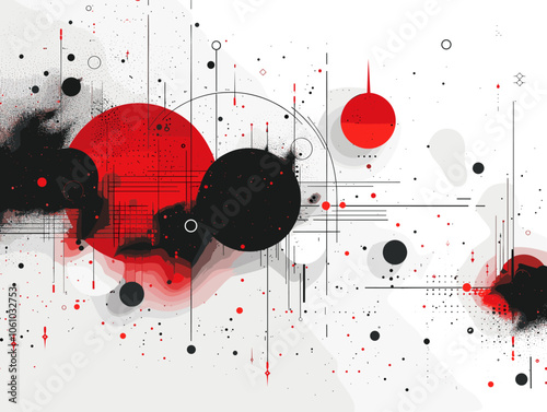 Black and red abstract painting with a white background. The painting is full of red and black circles and dots. The painting has a chaotic and energetic feel to it, with the red