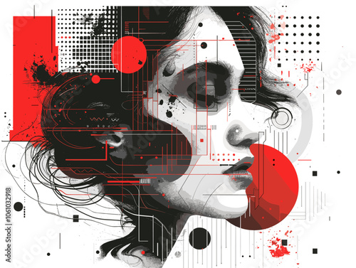 Woman's face is painted with red and black splatters. The splatters are arranged in a way that creates a sense of chaos and disorder. The woman's face is surrounded by a red circle