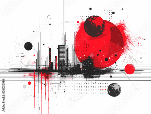 Red and black cityscape with a red circle in the middle. The cityscape is filled with red and black splatters, giving it a chaotic and abstract feel
