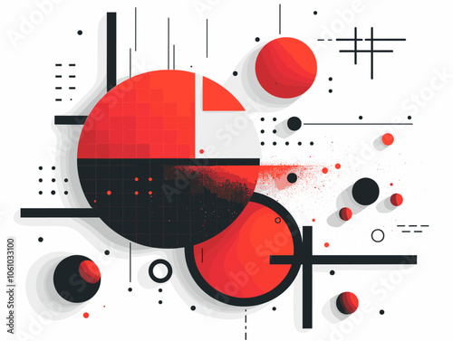 Red and black abstract painting with many circles and dots. The painting has a modern and abstract style