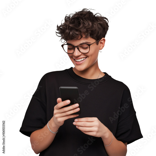 Happy Woman Using Smartphone Smiling Browsing Social Media Technology Communication