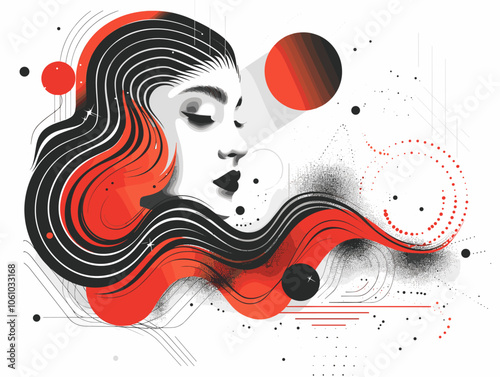 Woman with red hair and black eyes is the main subject of the image. The background features a series of circles and squares, creating a sense of movement and energy. Scene is dynamic and lively