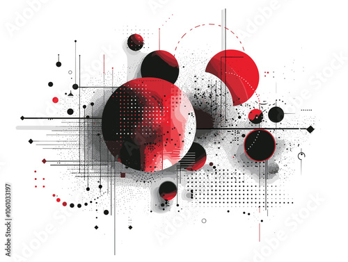 Red and black abstract painting with many dots and circles. The painting is full of energy and movement, with the red and black colors creating a sense of tension and excitement