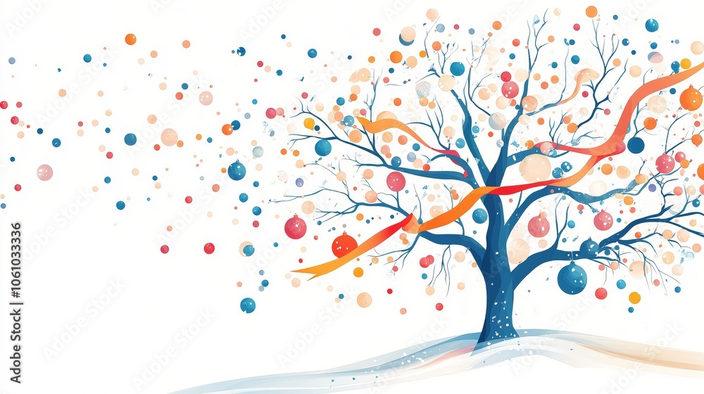 A stylized tree with colorful ribbons and circular ornaments, set against a white background, with a whimsical design and soft snow at the base A stylized tree with colorful ribbons and circular ornaments, set against a white background, with a whimsical design and soft snow at the base
