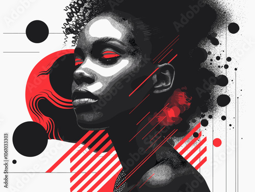 Woman's face is painted with red and black colors. The background is filled with circles and lines. The woman's face is the main focus of the image