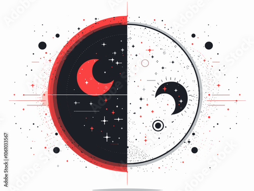 Black and white image of a moon with a red circle around it. The image is a representation of the duality of life, with the red circle symbolizing the darker aspects of life
