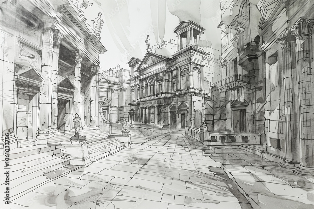 Obraz premium Architectural Sketch of Ruins with Grid Pattern.
