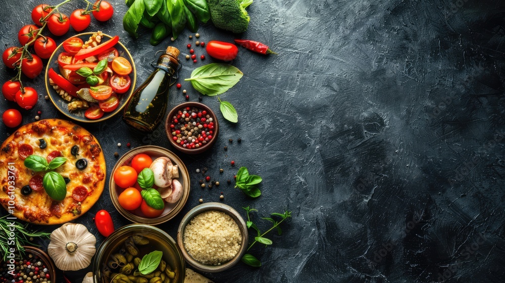 Overhead shot of pizza with Italian ingredients for concept, fast food with empty space for text. Overhead shot of pizza with Italian ingredients for concept, fast food with empty space for text.
