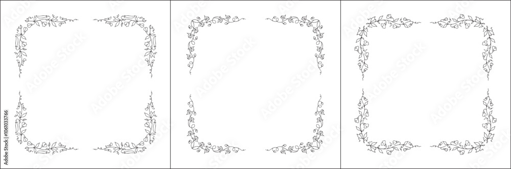 Set of three vector decorative frames, vegetal ornamental frame with flowers, decorative border, corners for greeting cards, banners, business cards, invitations. Isolated vector illustration. Set of three vector decorative frames, vegetal ornamental frame with flowers, decorative border, corners for greeting cards, banners, business cards, invitations. Isolated vector illustration.
