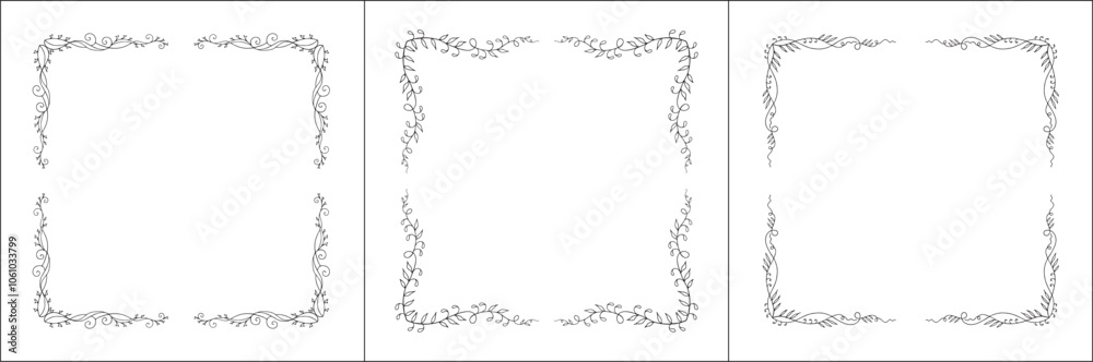 Set of three vector decorative frames, vegetal ornamental frame with leaves, decorative border, corners. Isolated vector illustration.
Set of three vector decorative frames, vegetal ornamental frame with leaves, decorative border, corners. Isolated vector illustration.