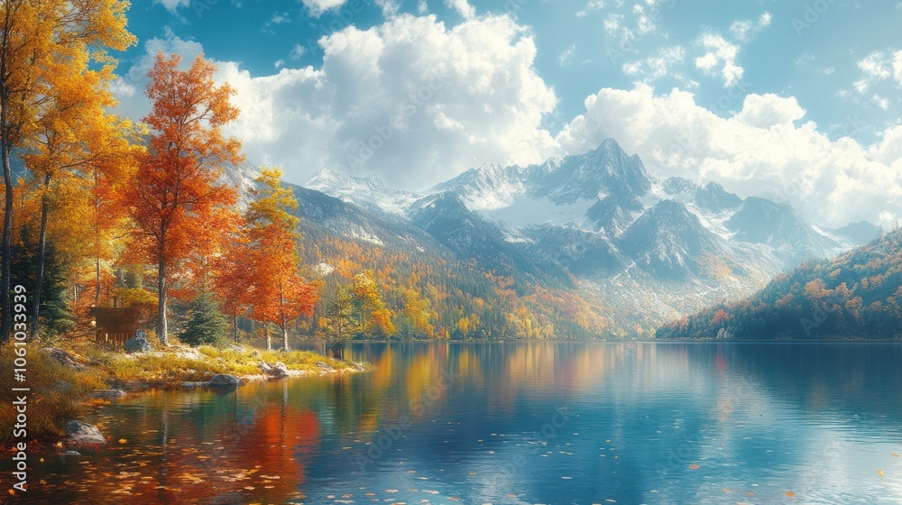 Naklejka premium A serene mountain lake with vibrant fall foliage and snow-capped peaks reflected in the water.