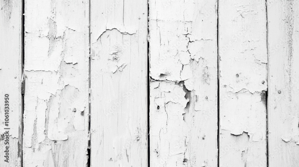 Weathered White Wood Plank Texture: A close-up view of weathered white wood planks with peeling paint, revealing the natural wood grain underneath.  The texture is rich with detail.