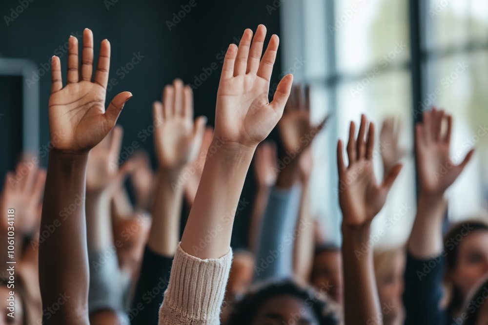 Hands raised in unity at an educational event, diverse crowd, spotlight on gestures, evening, focus on hands, medium close-up 1 Hands raised in unity at an educational event, diverse crowd, spotlight on gestures, evening, focus on hands, medium close-up 1