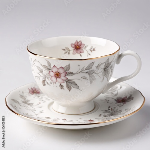 A delicate porcelain teacup and matching saucer with subtle floral patterns, set on a white background for a traditional, elegant touch photo