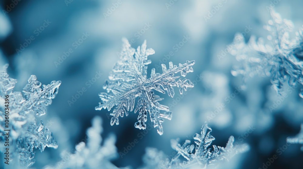 A close-up shot of a delicate snowflake, showcasing its intricate crystalline structure. The blue background creates a sense of wintery peace. A close-up shot of a delicate snowflake, showcasing its intricate crystalline structure. The blue background creates a sense of wintery peace.