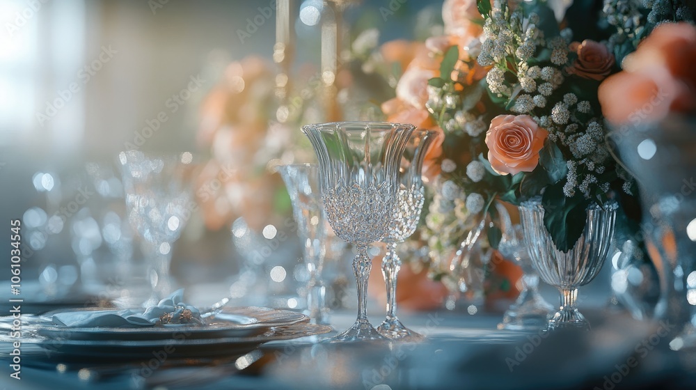 A close-up of a beautifully set table with crystal glasses and delicate floral arrangements. A close-up of a beautifully set table with crystal glasses and delicate floral arrangements.