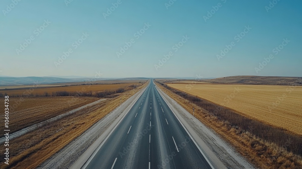 A long, straight highway cuts through a vast field, vanishing into the horizon under a clear blue sky. A long, straight highway cuts through a vast field, vanishing into the horizon under a clear blue sky.