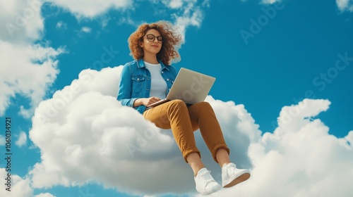 A woman is comfortably sitting on a fluffy cloud while using her laptop