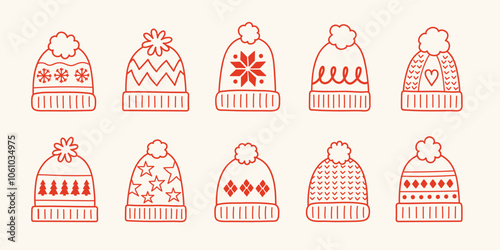 Cute hand drawn winter hat set. Christmas elements. Vector illustration