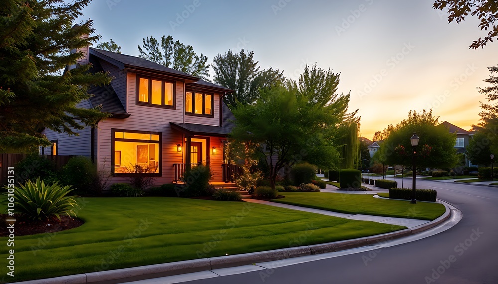 A tranquil suburban paradise bathed in the warm, golden hues of dusk, a modern two-story home radiates cozy warmth and comfort. A tranquil suburban paradise bathed in the warm, golden hues of dusk, a modern two-story home radiates cozy warmth and comfort.