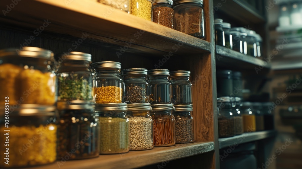 A variety of dried beans and seeds are stored in glass jars on wooden shelves. A variety of dried beans and seeds are stored in glass jars on wooden shelves.