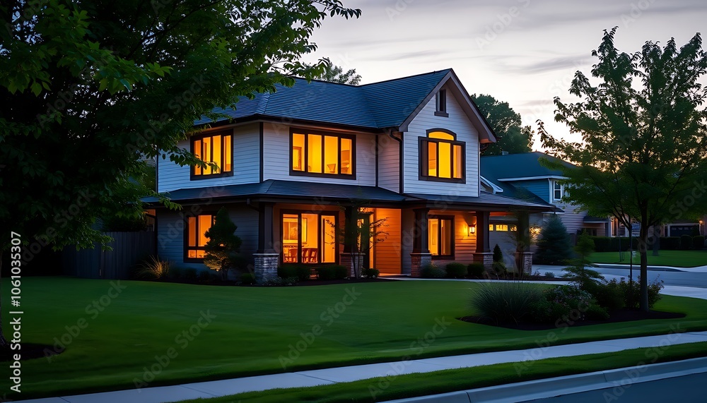 A serene suburban haven at dusk, a modern two-story house radiates warmth, enveloped by lush greenery and a meticulously manicured lawn. A serene suburban haven at dusk, a modern two-story house radiates warmth, enveloped by lush greenery and a meticulously manicured lawn.