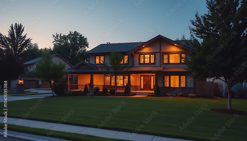 A cozy, modern two-story house with a warm inviting glow, set amidst a serene suburban neighborhood at dusk, surrounded by lush green trees and a perfectly manicured lawn. A cozy, modern two-story house with a warm inviting glow, set amidst a serene suburban neighborhood at dusk, surrounded by lush green trees and a perfectly manicured lawn.