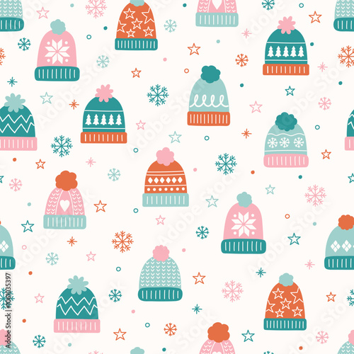 Colourful seamless pattern with winter hats in cartoon style. Vector illustration