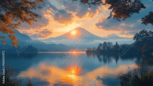 Wallpaper Mural Majestic Mount Fuji at sunrise, reflecting in a serene lake, with a vibrant sky and foliage framing the scene. Torontodigital.ca