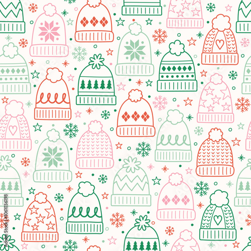 Colourful hand drawn winter hat background. Christmas seamless texture. Vector illustration