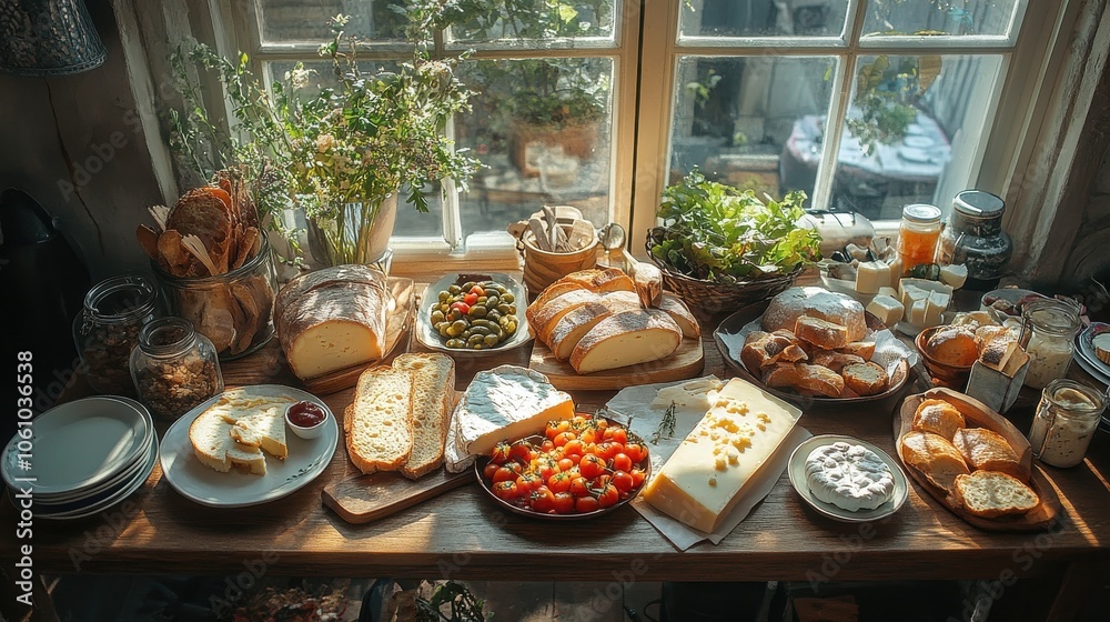 Feast of assorted bread, cheeses, and pickled vegetables on a wooden table, with natural light from window.