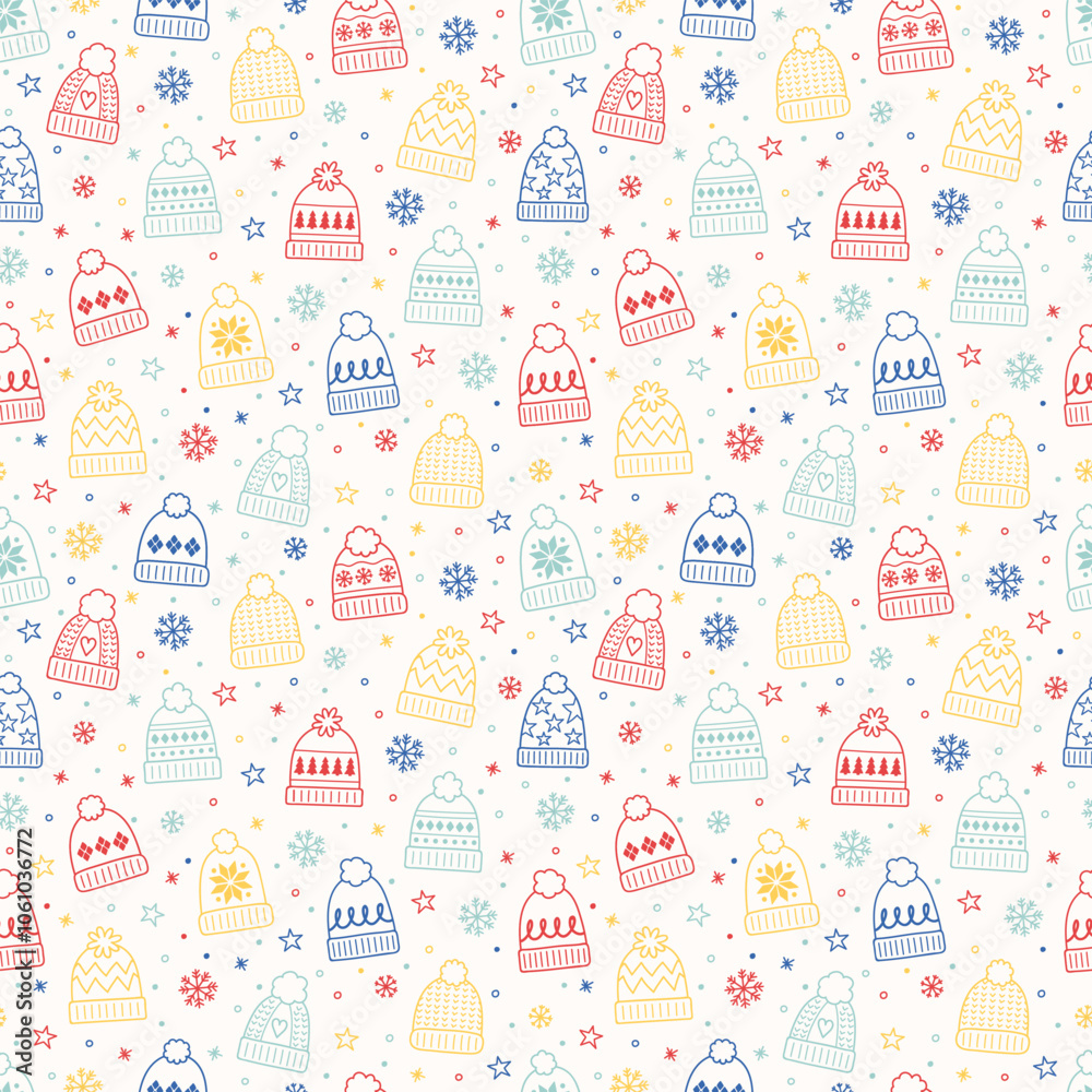 Colourful hand drawn winter hat background. Christmas seamless texture. Vector illustration Colourful hand drawn winter hat background. Christmas seamless texture. Vector illustration