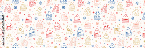 Colourful seamless pattern with winter hats in cartoon style. Banner. Vector illustration