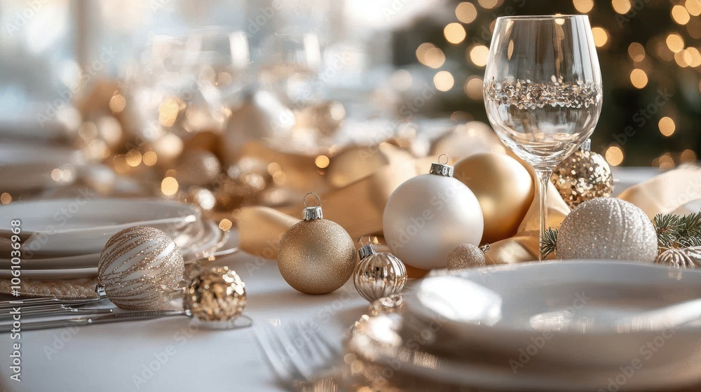 Gold ribbon elegantly draped across a white tablecloth, with sparkling ornaments scattered around for a sophisticated table setting. Gold ribbon elegantly draped across a white tablecloth, with sparkling ornaments scattered around for a sophisticated table setting.