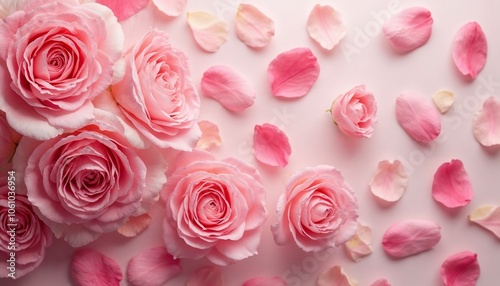 Pink roses and petals on soft pastel background.