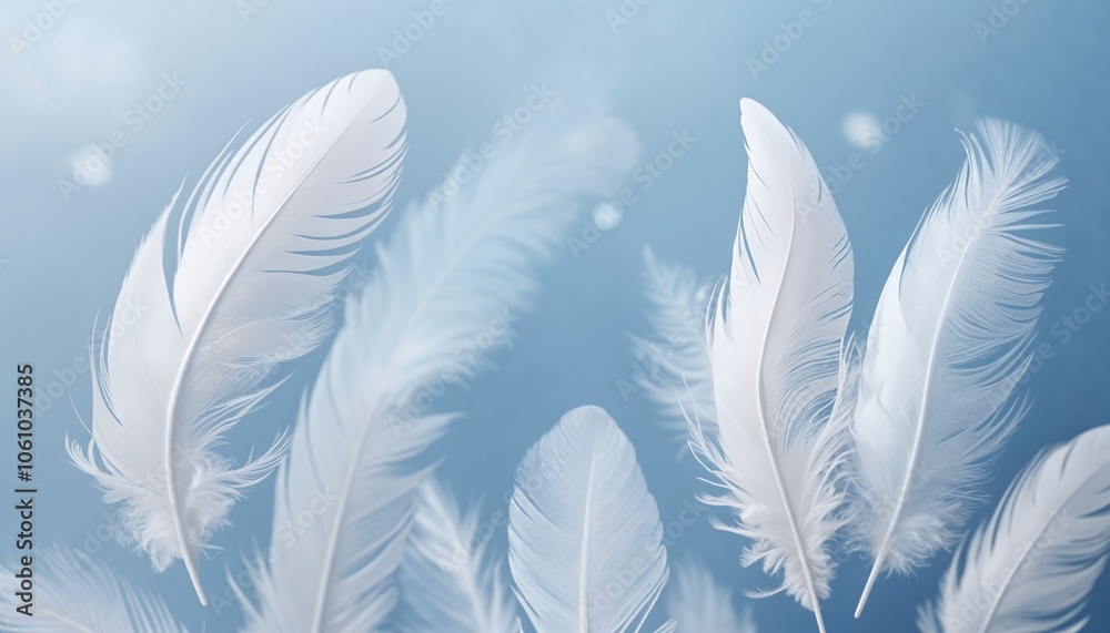 White feathers floating on soft blue background. White feathers floating on soft blue background.