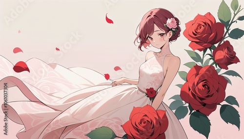 Anime woman in elegant dress with roses and petals.