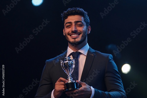 A young Middle Eastern businessman in a fitted suit, proudly accepting an award on stage, spotlight on him, with a confident smile, medium close-up showing his hands and trophy 3