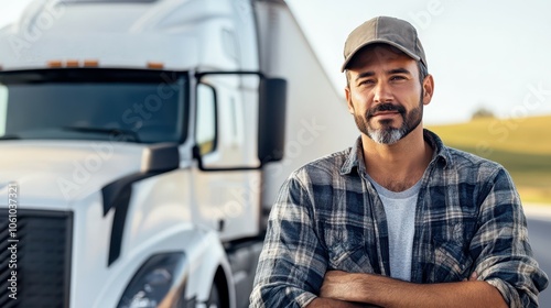 A truck driver stands confidently next to his large transport vehicle in a rural setting during golden hour. Man in a flannel shirt and cap poses proudly beside his large truck, showcasing his role 