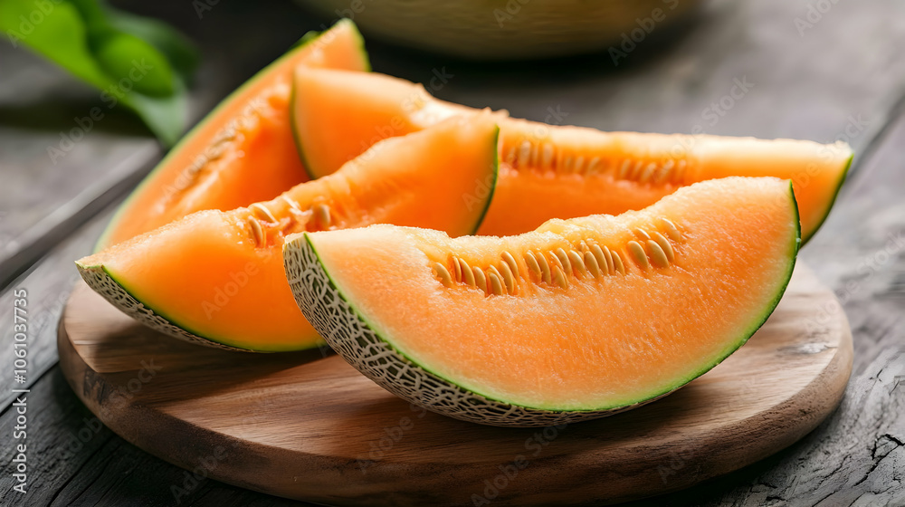 Freshly cut cantaloupe slices with a green rind, arranged on a table and showing their orange flesh Freshly cut cantaloupe slices with a green rind, arranged on a table and showing their orange flesh