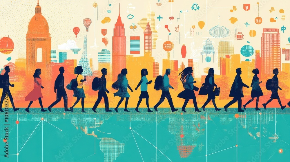Fototapeta premium Infographic-style image highlighting the contributions of immigrants to society, using engaging icons and clear visuals to convey impact.