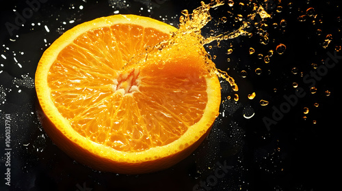 A juicy orange slice mid-splash with droplets flying, showcasing its freshness and rich citrus flavor