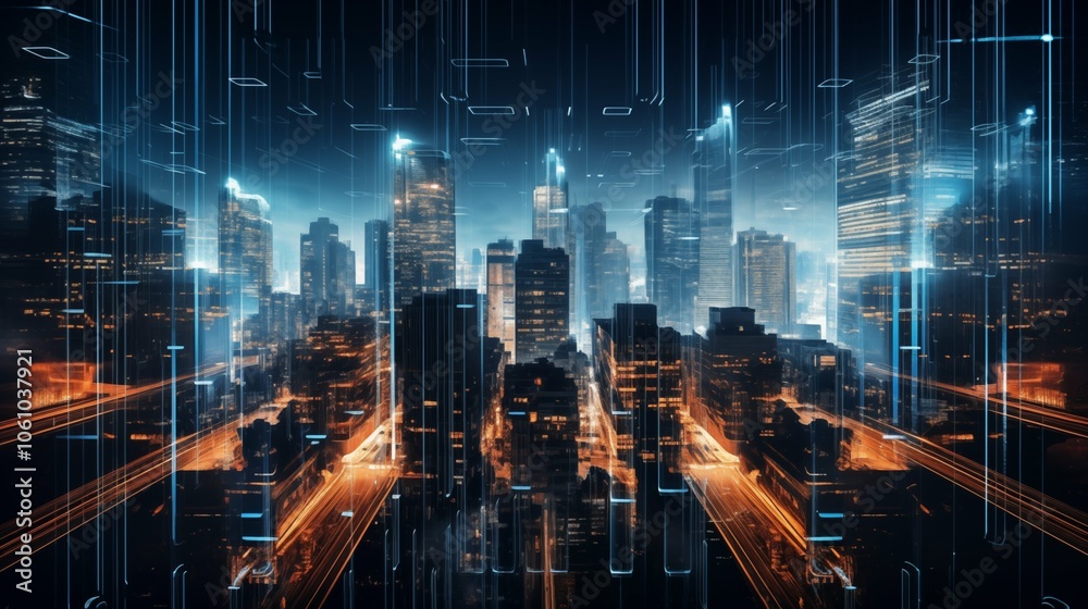 A futuristic city skyline illuminated by neon lights and digital data streams, showcasing urban technology and modern architecture A futuristic city skyline illuminated by neon lights and digital data streams, showcasing urban technology and modern architecture