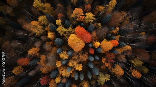 Wallpaper Mural Aerial view of a vibrant autumn forest showcasing a mix of colorful foliage, highlighting the transition of seasons. Torontodigital.ca