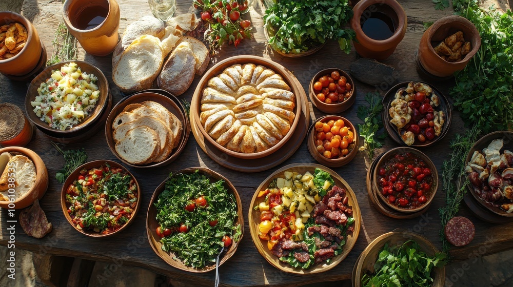 Round table set with bread, colorful salads, and grilled meats, surrounded by clay dishes and fresh herbs.