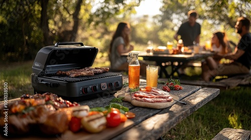 Portable grill set up on a picnic table, surrounded by friends enjoying drinks and laughter in a sunlit park setting.