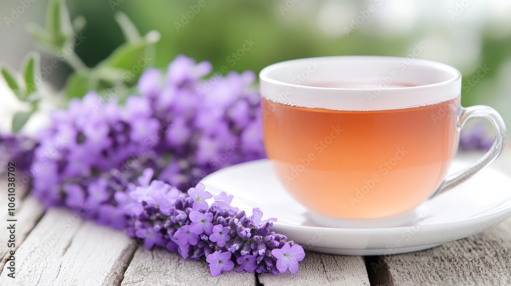 A cup of lavender tea with fresh lavender flowers on a wooden table.